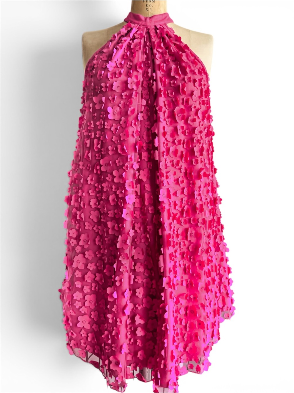Hot Pink Halter A-Line Dress with 3D Floral Appliqué